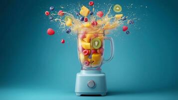 Colorful fruits are being blended in a modern kitchen appliance, creating a lively splash of juice. Bright berries, mango, and kiwi dance in the air, showcasing a dynamic cooking process. photo