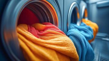 Brightly colored towels are being washed in several machines at a busy laundromat. photo