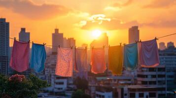 Brightly colored clothes sway gently on a line as the sun sets, casting a warm glow over buildings. photo