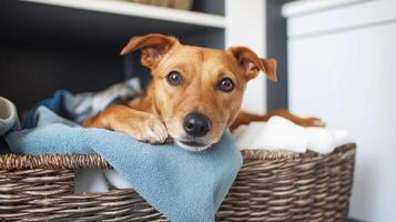 A dog relaxes in a wicker basket, resting on soft blankets in a bright, inviting space. photo