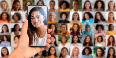 A person holds a smartphone displaying facial recognition software. In the background, a collage features various women, highlighting the versatility of modern identification technology. photo