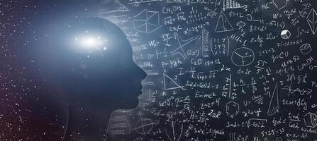 Concept on scientific and philosophical topics. Silhouette of human with universe and physical, mathematical formulas, panorama, free space photo