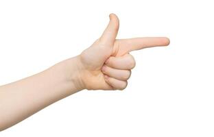 Kid hand pointing on virtual object with index finger, making gun gesture, isolated on white background, close-up photo