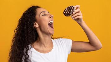 Cheat Meal. Funny Hungry Latin Lady Holding Doughnut Eating Junk Food Posing With Wide Open Mouth Over Yellow Orange Studio Background. Unhealthy Nutrition And Binge Eating Habit Concept photo
