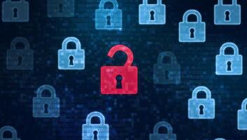 Security breach concept. Red open padlock icon among closed padlocks on digital screen as a symbol of unsecured data under cyber attack, panorama photo