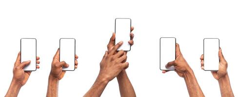 Set of man's hands using smartphone with blank screen, isolated on white background, panorama photo