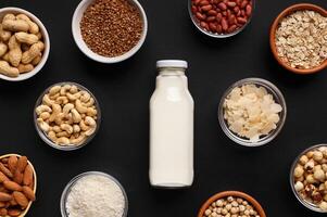 Bowls with various nuts and cereals and bottle of milk top view. Lactose free milk concept photo