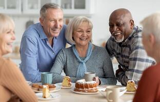 Cheerful senior people of different nationalities sitting at kitchen, drinking tea and eating cake together, having conversation and laughing, chilling together at nursing home photo
