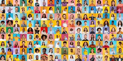 A lively mix of multiracial, multiethnic, and international people faces smiling against a vibrant, multicolored background photo