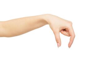 Female hand making gesture while grab some items isolated on white background, close-up, cutout, copy space photo