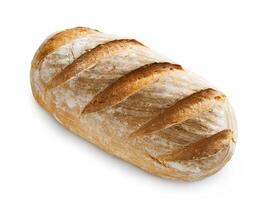 Baguette loaf isolated at white background. Fresh long loaf with golden crust photo