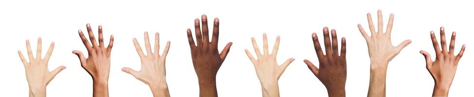 Multiethnic hands showing high five gestures isolated on white background. Collection of signs, cutout photo