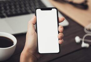 New modern smartphone with big blank screen for application mockup, copy space photo