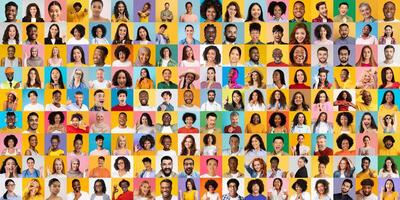 This vibrant collage features a variety of individuals from different backgrounds. Each unique portrait highlights diverse expressions and lifestyles, reflecting a global community. photo