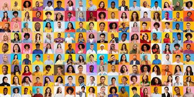 A vibrant collage features a diverse group of individuals from different backgrounds, showcasing their unique expressions and lifestyles. photo