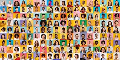 A collection of diverse portraits features people from various backgrounds displaying their unique expressions. The lively colors create an energetic atmosphere celebrating unity. photo