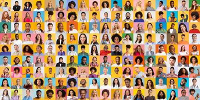 A collage featuring a variety of diverse individuals, each displaying unique hairstyles and expressions. The vibrant background adds depth, highlighting their individuality photo