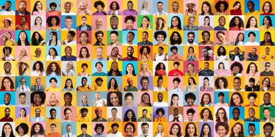 A lively collage features diverse faces from various backgrounds, each expressing unique emotions in a colorful setting. photo