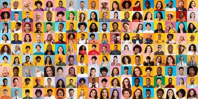 A vibrant collage featuring diverse individuals representing multiethnic backgrounds. Each person displays a unique expression of joy, celebrating cultural diversity and connection. photo