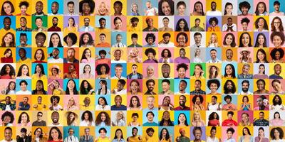A vibrant collage features a variety of diverse individuals smiling and expressing joy. This collection showcases different backgrounds, emphasizing unity and diversity in modern lifestyles. photo
