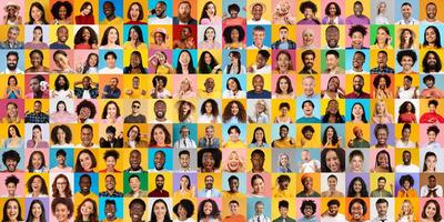 This vibrant collage features diverse individuals from various backgrounds, all smiling and expressing joy. photo