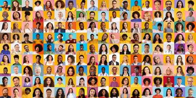 This vibrant collage presents a diverse group of people from various backgrounds, each with unique expressions that reflect their lifestyles. photo