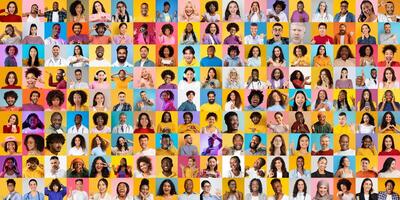This vibrant collage features a diverse group of people from various backgrounds, highlighting their unique expressions and lifestyles against colorful backdrops. photo
