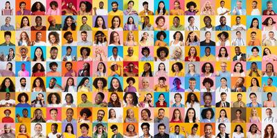 A lively collection of portraits featuring people from various backgrounds, highlighting their unique expressions and lifestyles. This colorful collage represents diversity and unity across cultures. photo