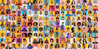 A vibrant collection of portraits featuring a diverse group of individuals expressing a range of emotions. The multiethnic faces are set against colorful backgrounds, highlighting global unity. photo