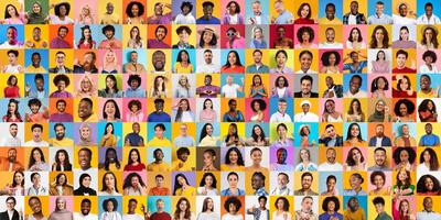 This vibrant collage features diverse individuals from various backgrounds, showcasing their unique expressions and styles. Each portrait highlights the beauty of unity. photo