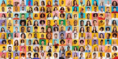 A vibrant collage displays diverse faces of people representing various lifestyles, conveying unity and strength in diversity. Each portrait reflects individuality and connection. photo