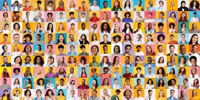 A collection showcasing faces of diverse individuals from various backgrounds, radiating joy and unity. Each portrait captures unique expressions against bright, colorful backdrops. photo