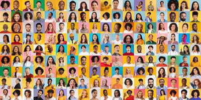 A vibrant collage features portraits of diverse individuals from various backgrounds. Each face reflects a unique story and lifestyle, capturing the essence of diversity in modern life. photo
