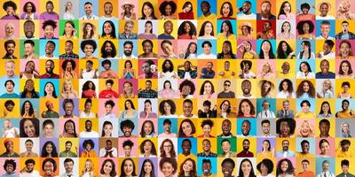 This lively collection showcases a multitude of diverse individuals, each with unique expressions, united in a celebration of diversity. The bright backgrounds enhance their joyful presence. photo