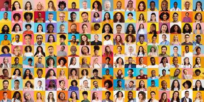 A vibrant collection of diverse faces representing various lifestyles, portraits on colorful backgrounds photo