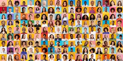 A vibrant collage features a wide array of diverse individuals expressing joy and authenticity. This multiethnic collection captures the essence of global lifestyles and connections among people. photo