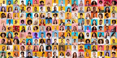 A vibrant collage featuring a diverse group of people from various backgrounds, each displaying unique expressions and styles. This collection highlights international lifestyles and unity. photo