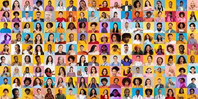 This vibrant collage features a diverse range of people from various backgrounds, each with unique expressions. The colorful backdrop enhances their individuality photo