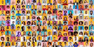A dynamic collection of portraits features a diverse group of people expressing joy and connection. Each face reflects unique backgrounds and personalities, celebrating global diversity. photo