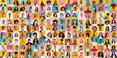 A collection of portraits showcases people from various backgrounds smiling and expressing joy. This colorful set represents the essence of unity and diversity in a modern lifestyle. photo