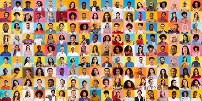 This vibrant collage features a diverse group of individuals from various backgrounds, each displaying unique expressions and styles. photo