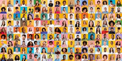 Faces of various backgrounds are displayed in a vibrant collage. Each person wears distinct styles, highlighting individuality and the beauty of diversity in a lively setting. photo