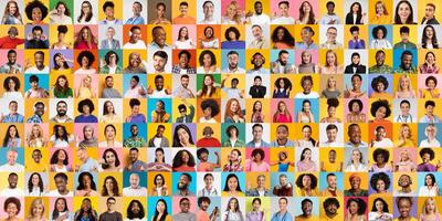 A vibrant collection of portraits featuring diverse individuals from various backgrounds. Each face reflects unique lifestyles and cultures, celebrating global diversity and unity. photo