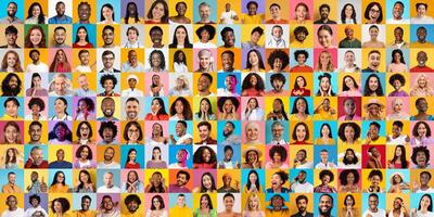 A colorful collage featuring diverse individuals of various backgrounds, celebrating diversity and shared experiences. photo
