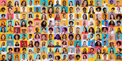 A vibrant portrait collage featuring people from various backgrounds expressing happiness and diversity. This international collection highlights a wide range of faces and emotions, promoting unity. photo
