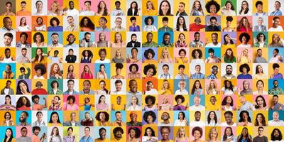 A vibrant collage showcases diverse individuals from various backgrounds, each portrait filled with unique expressions. The collection emphasizes unity among different cultures through lively colors. photo