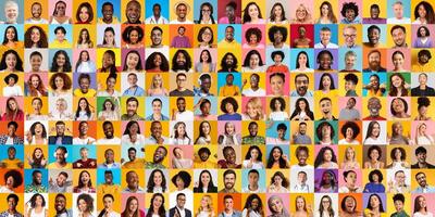 This collage features a diverse array of faces representing various backgrounds photo