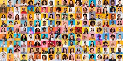 This vibrant collage features a multitude of people from diverse backgrounds, all showcasing their unique expressions and styles. photo