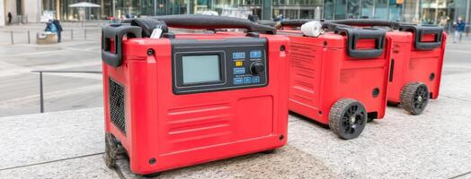 Three red portable generators sitting on a sidewalk photo