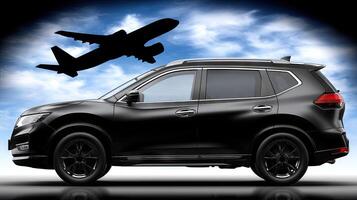 A black suv with an airplane flying above it photo